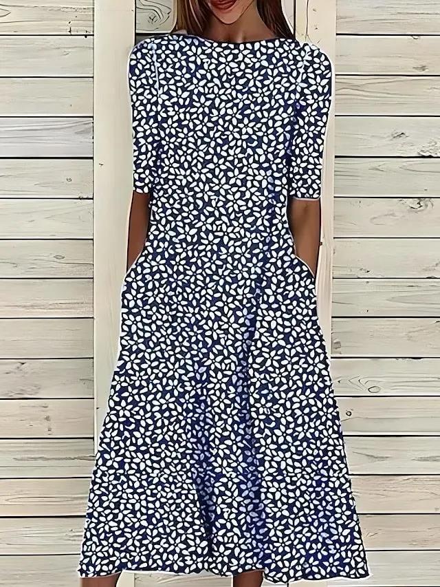 Women's Floral A-Line Midi Dress – Effortless Elegance & Comfort Dark Blue