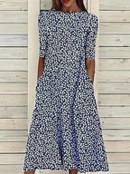 Women's Floral A-Line Midi Dress – Effortless Elegance & Comfort Dark Blue