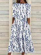 Women's Floral A-Line Midi Dress – Effortless Elegance & Comfort Blue