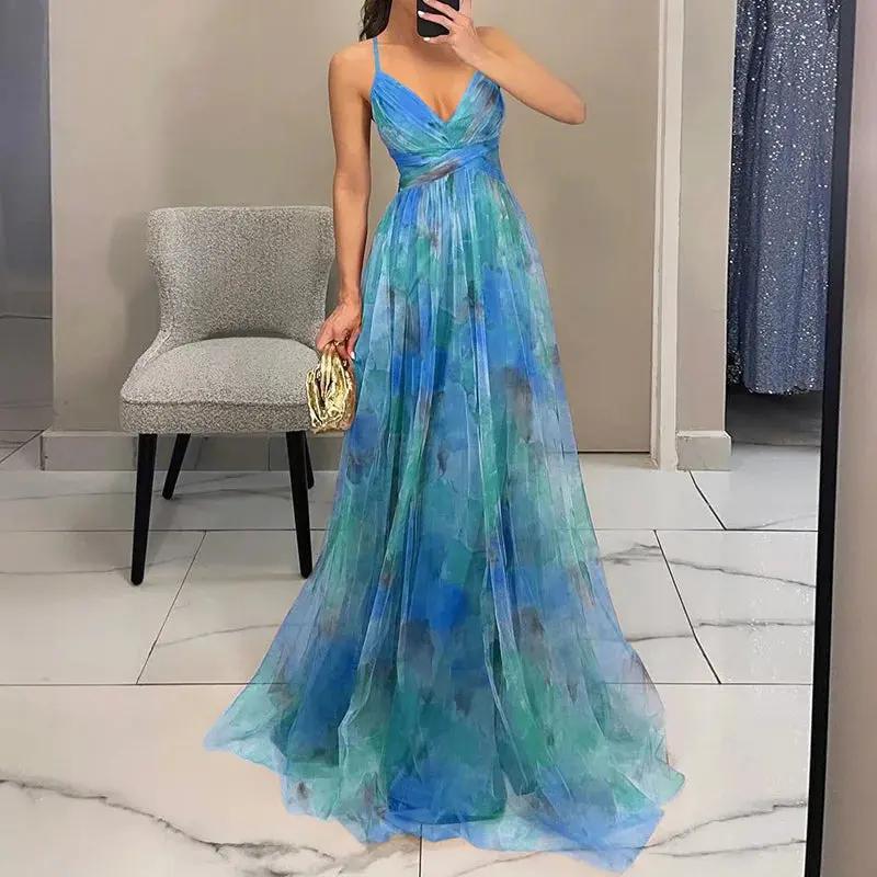 Women's Floral Maxi Dress – Elegant Summer Wedding Guest Outfit Blue
