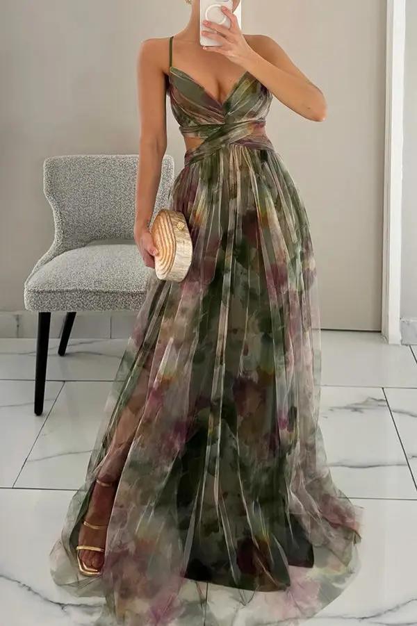 Women's Floral Maxi Dress – Elegant Summer Wedding Guest Outfit Green