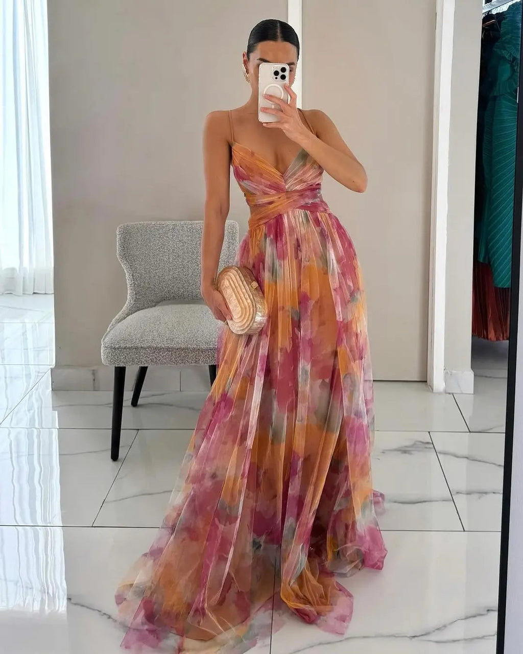 Women's Floral Maxi Dress – Elegant Summer Wedding Guest Outfit Orange