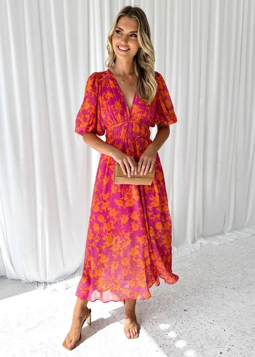Women's Lightweight Floral Midi Dress – Stylish Summer Essential Pink Orange