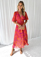Women's Lightweight Floral Midi Dress – Stylish Summer Essential Pink Orange