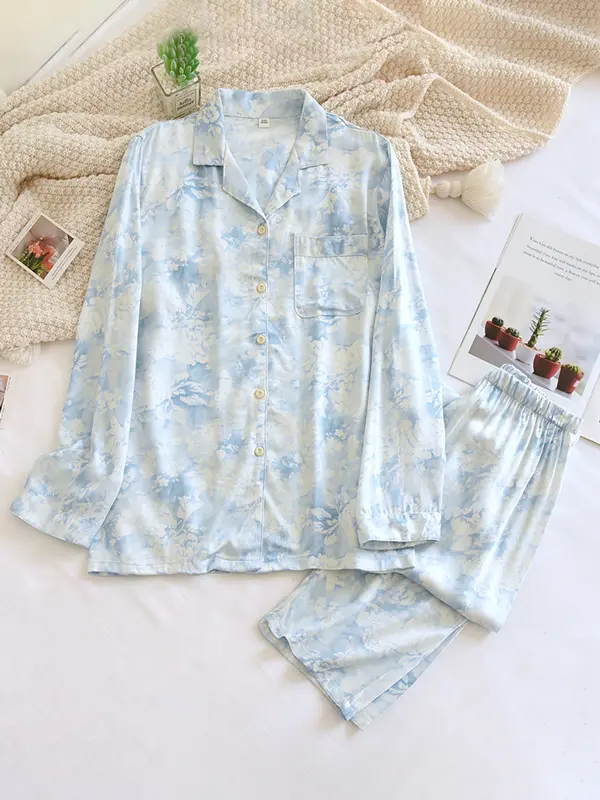 Women's Floral Pajama Set – Stylish & Cozy Loungewear Blue Ink Painting Pink