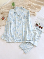 Women's Floral Pajama Set – Stylish & Cozy Loungewear Blue Ink Painting Pink