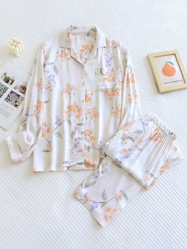 Women's Floral Pajama Set – Stylish & Cozy Loungewear Orange Flowers