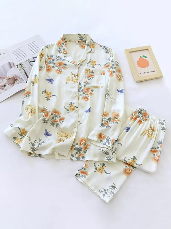 Women's Floral Pajama Set – Stylish & Cozy Loungewear Purple Butterflies