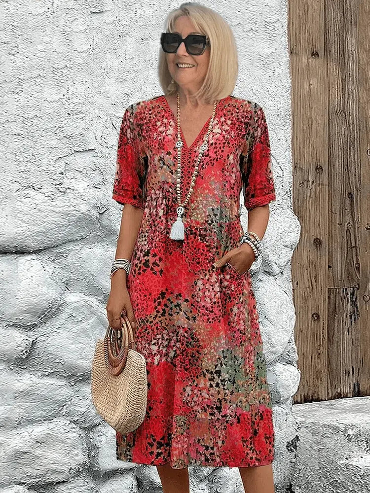 Women's Floral Midi Dress – Effortless Summer Elegance Scarlet Red