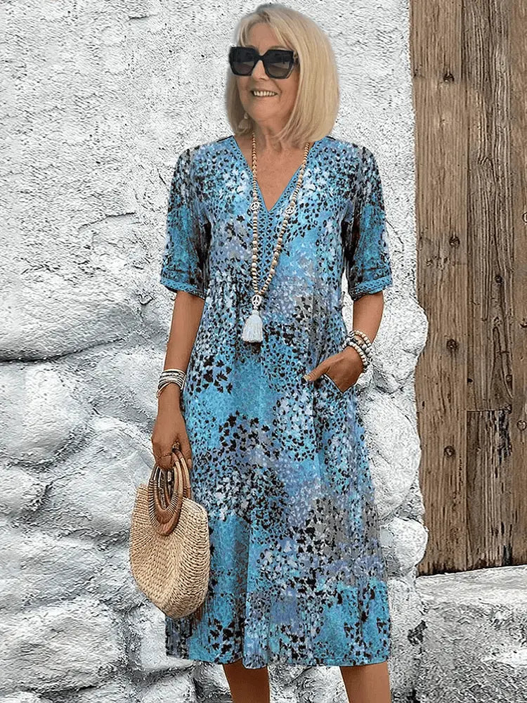 Women's Floral Midi Dress – Effortless Summer Elegance Ocean Blue (Almost sold out)