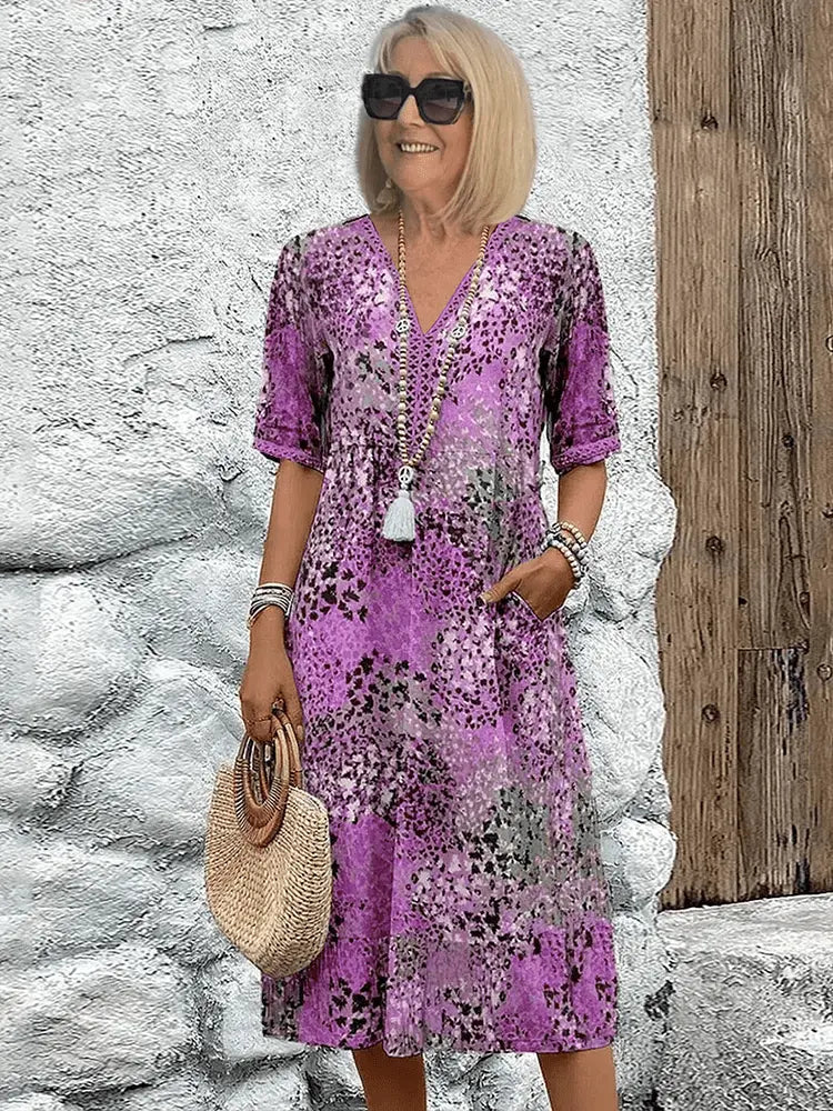 Women's Floral Midi Dress – Effortless Summer Elegance Lavender Purple