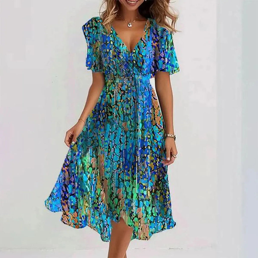 Women's Floral Midi Dress – Effortless Elegance for Summer Events Blue