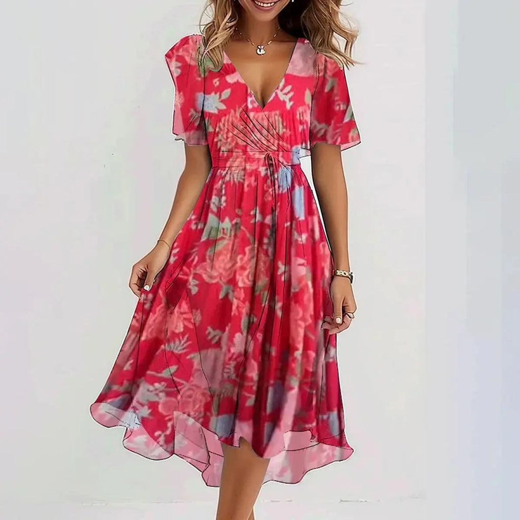 Women's Floral Midi Dress – Effortless Elegance for Summer Events Red