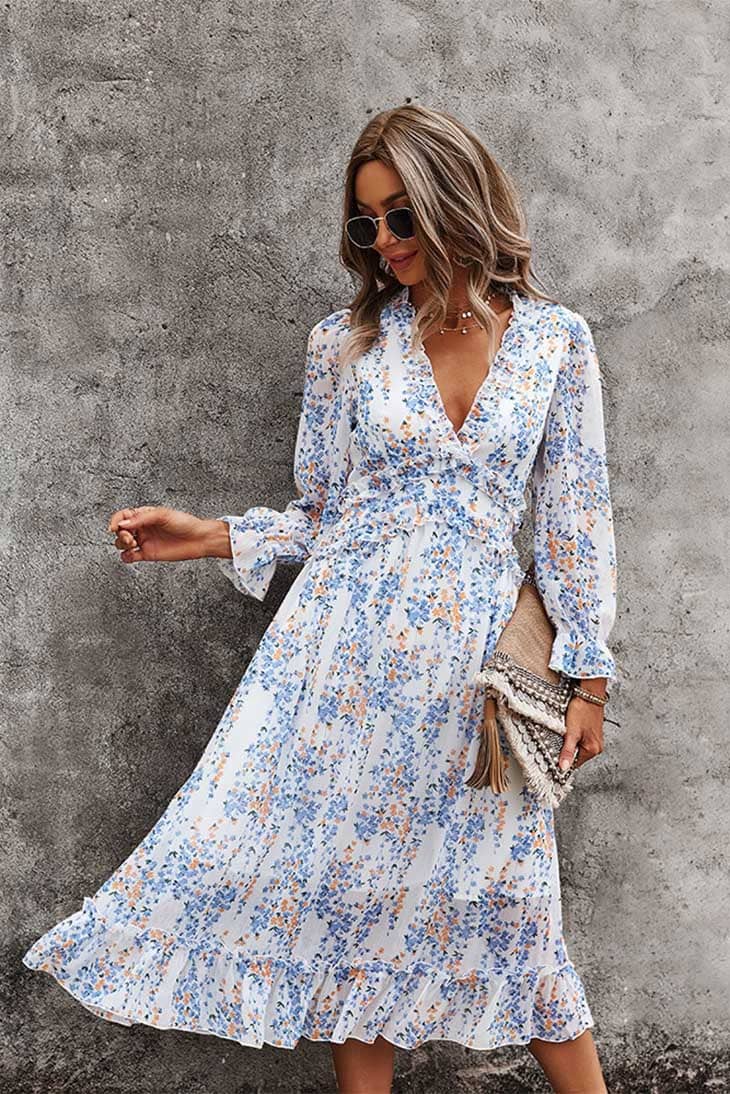 Women's Floral Wrap Midi Dress-MODAUTLET