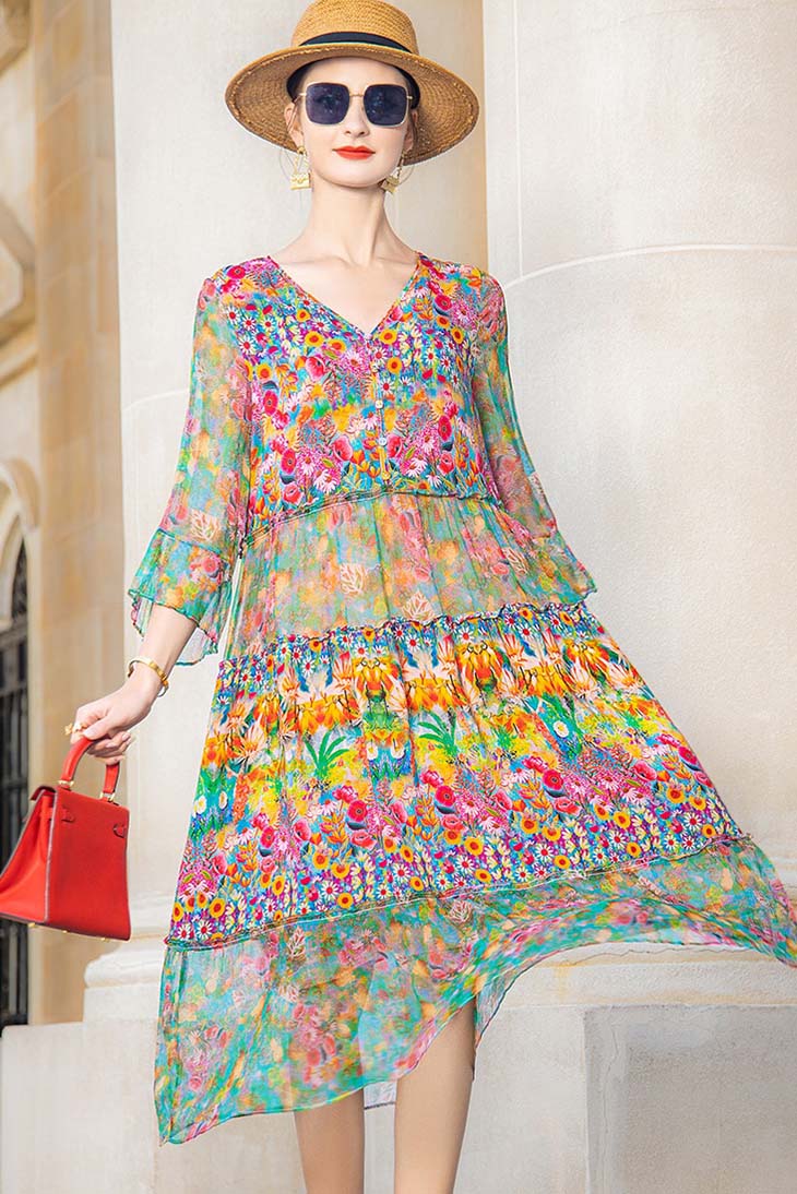 Vestido Maxi Boémio Floral Fluído para Mulher