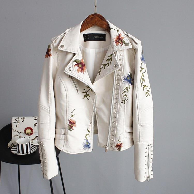 Embroidered Leather Jacket Women Elegant Tailored Fit Off-white