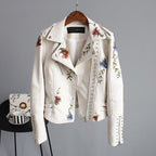 Embroidered Leather Jacket Women Elegant Tailored Fit Off-white