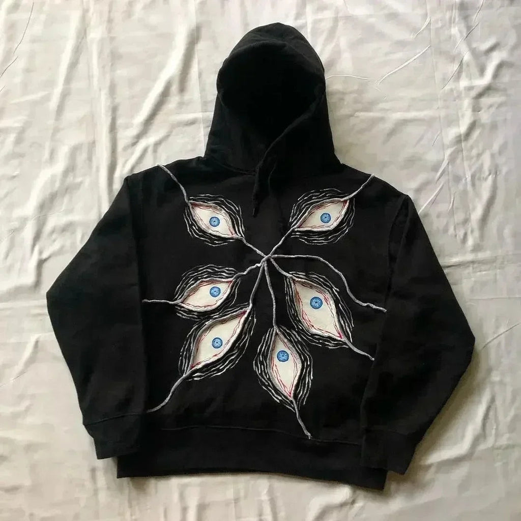 Eye Patchwork Hoodie for Bold Japanese Streetwear Style Black