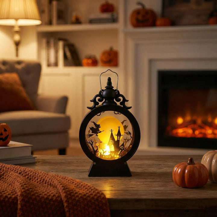 Halloween's Gothic Window LED Lantern with Silhouette Cutouts
