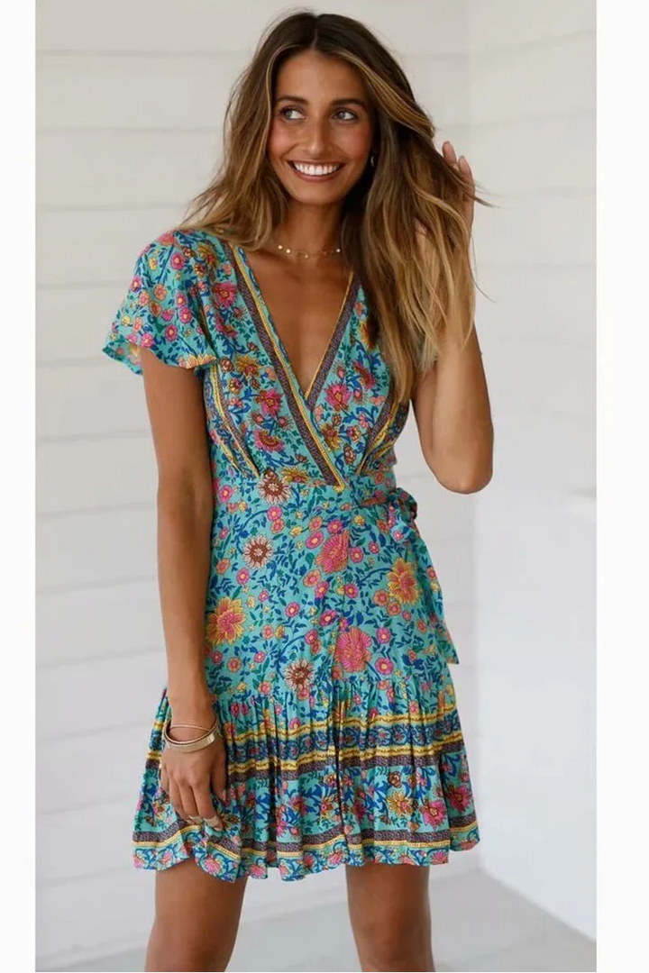 Women's Green Floral Mini Dress-MODAUTLET
