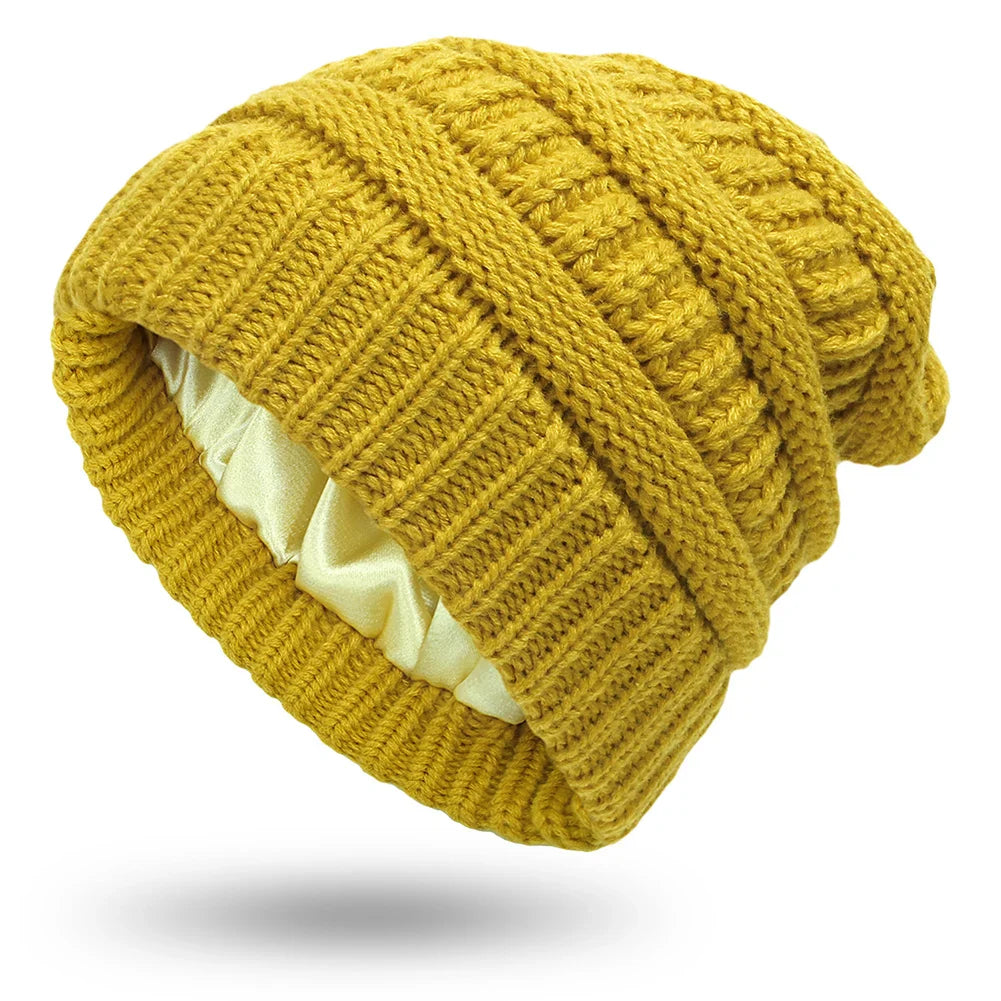 Silk-Satin Lined Chunky Knit Beanie for Women Yellow