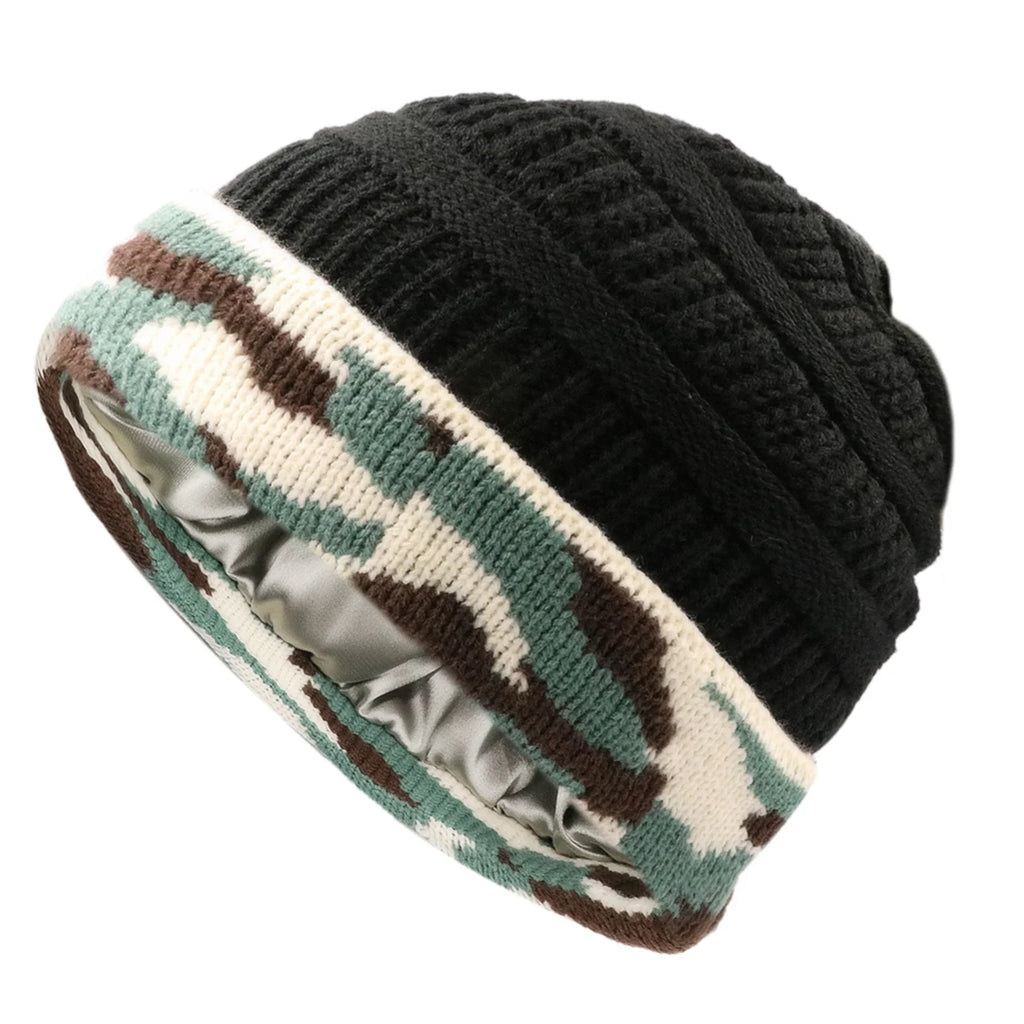 Silk-Satin Lined Chunky Knit Beanie for Women Black camouflage