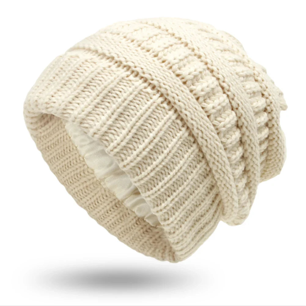 Silk-Satin Lined Chunky Knit Beanie for Women-MODAUTLET