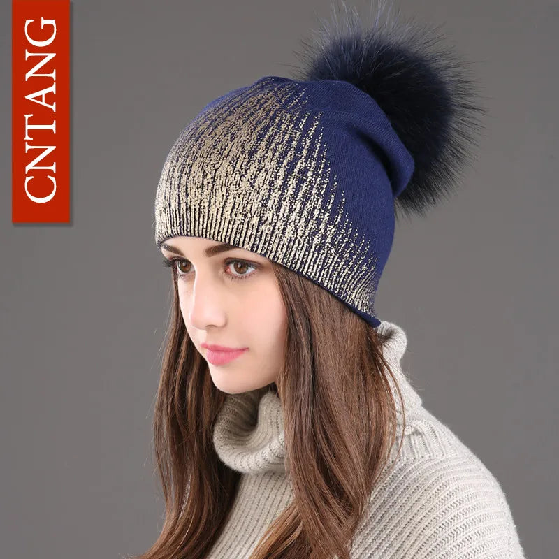 Chunky Knit Women's Hat with Genuine Fur Pom Pom Blue Blue Ponpom