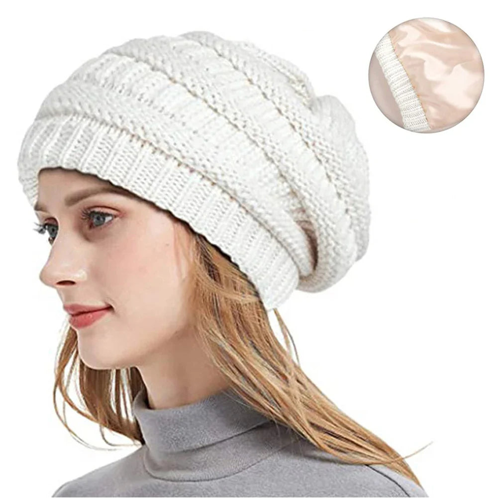 Silk-Satin Lined Chunky Knit Beanie for Women-MODAUTLET