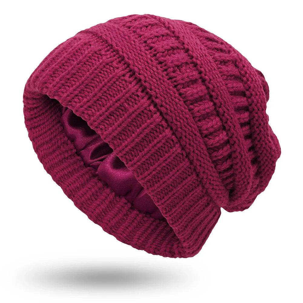 Silk-Satin Lined Chunky Knit Beanie for Women Wine red