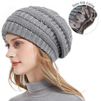 Silk-Satin Lined Chunky Knit Beanie for Women