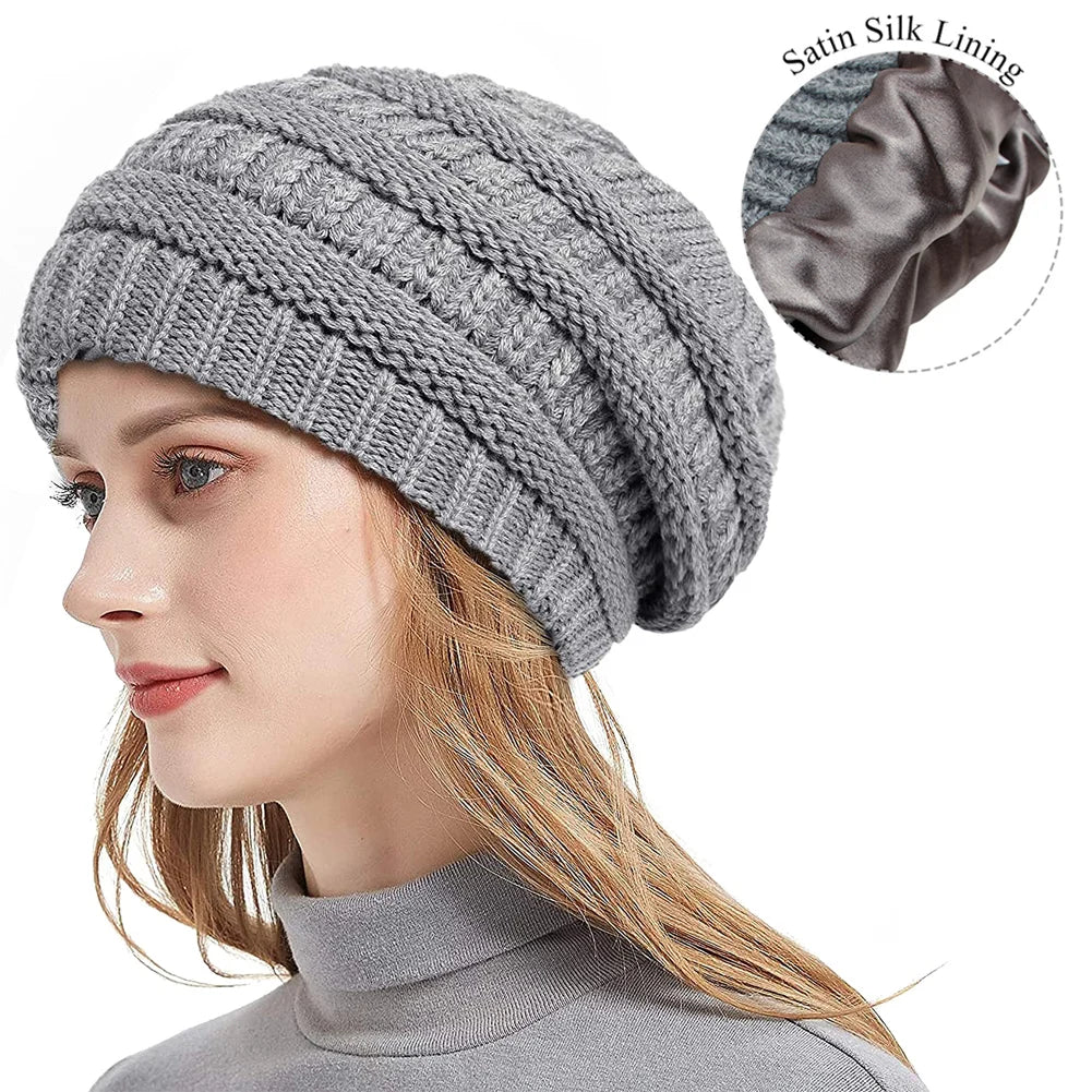 Silk-Satin Lined Chunky Knit Beanie for Women