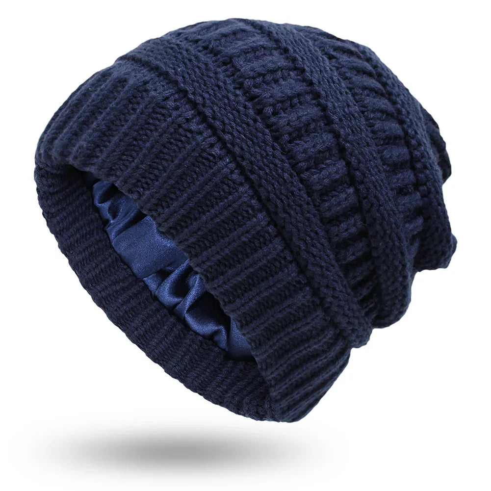 Silk-Satin Lined Chunky Knit Beanie for Women Navy