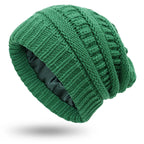 Silk-Satin Lined Chunky Knit Beanie for Women Green