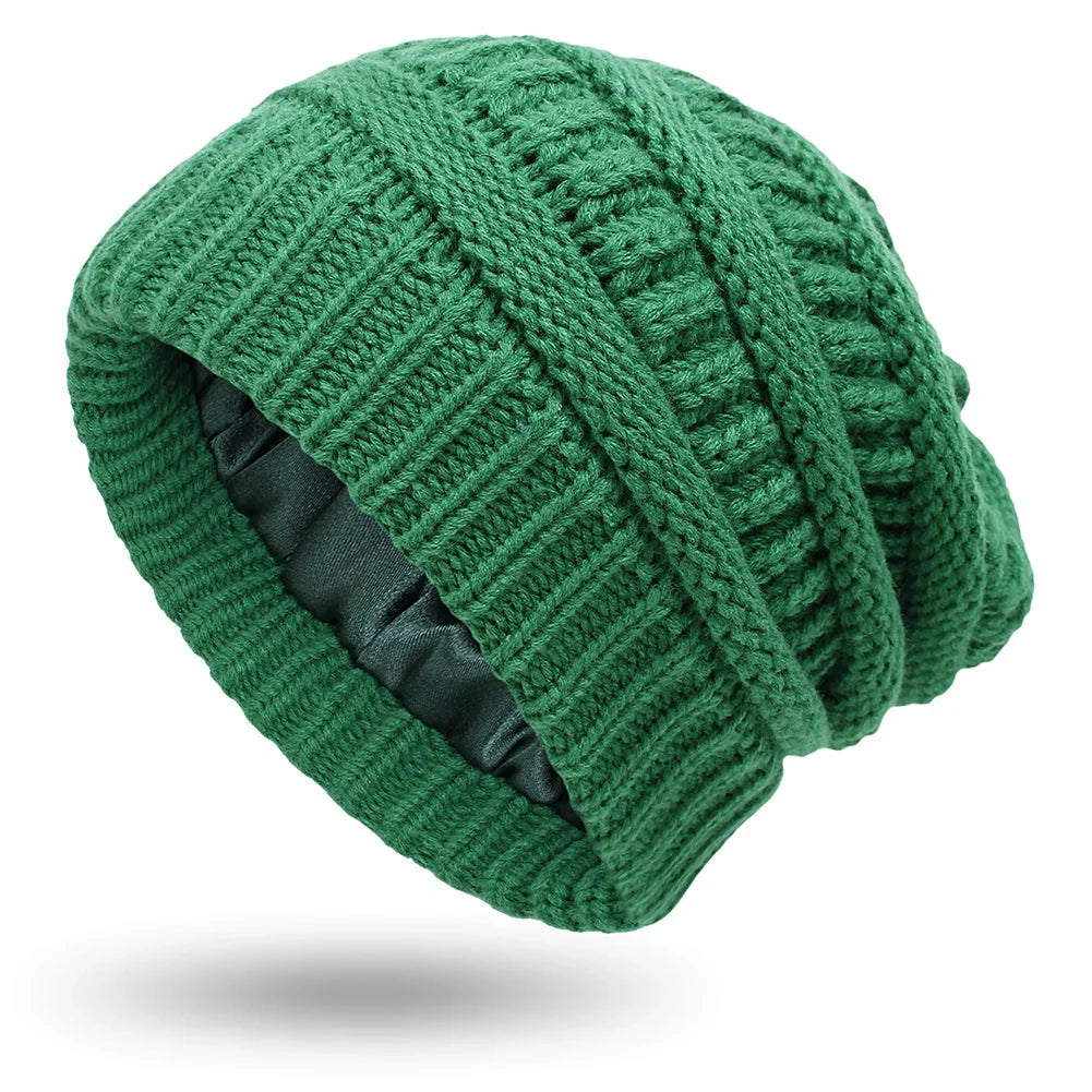 Silk-Satin Lined Chunky Knit Beanie for Women Green