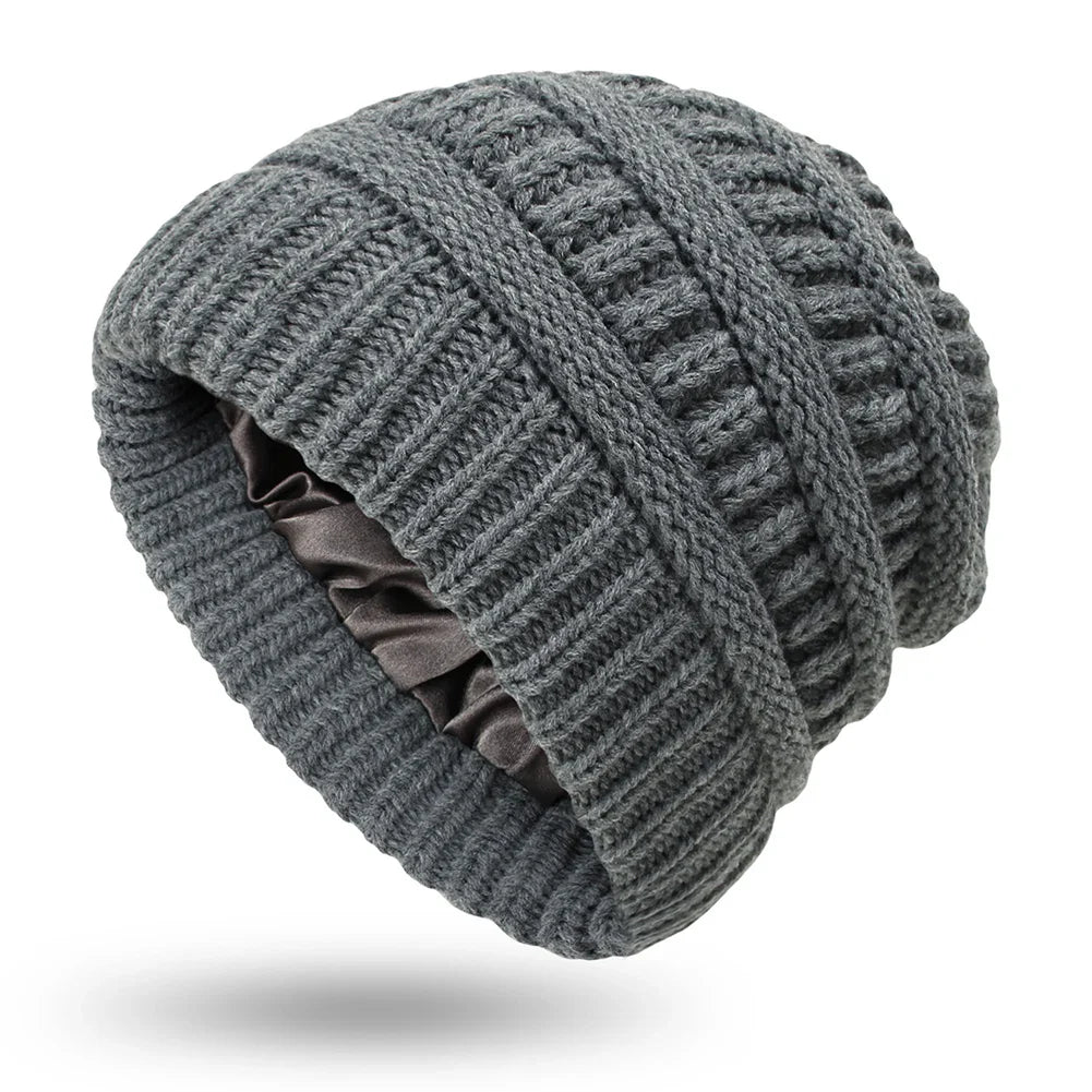 Silk-Satin Lined Chunky Knit Beanie for Women Dark grey