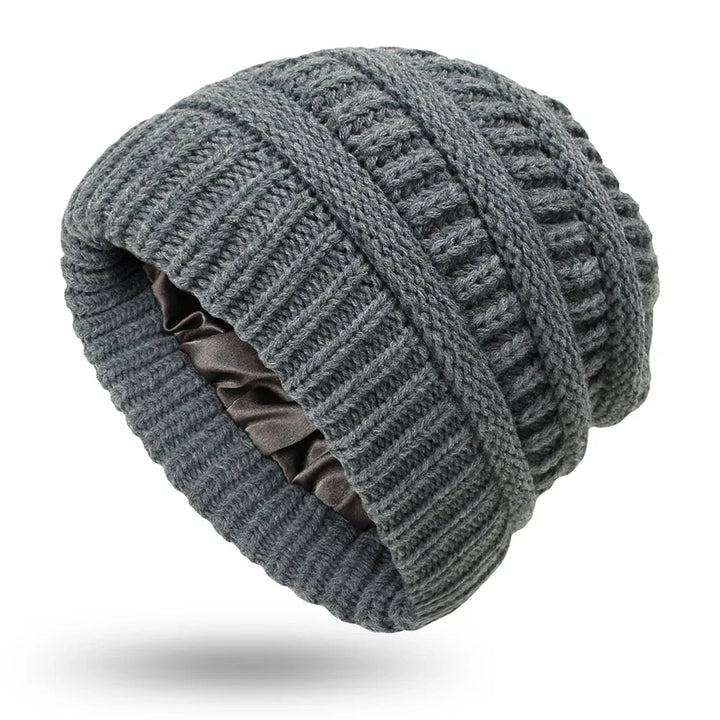Silk-Satin Lined Chunky Knit Beanie for Women-MODAUTLET