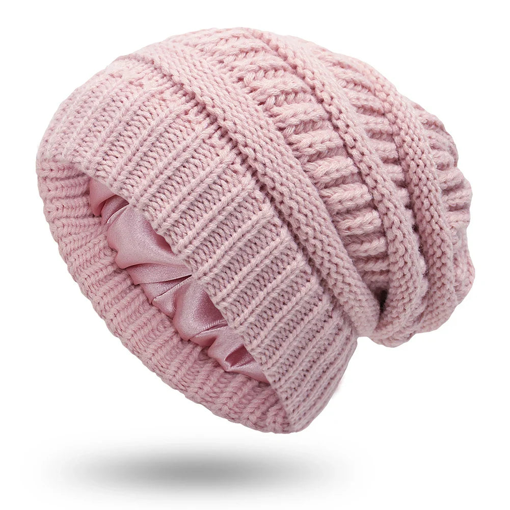 Silk-Satin Lined Chunky Knit Beanie for Women Pink