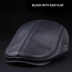 Authentic Cowhide Leather Baseball Cap BLACK WITH EAR