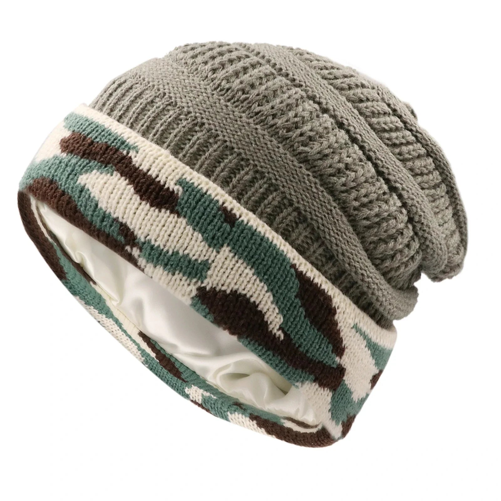 Silk-Satin Lined Chunky Knit Beanie for Women Grey camouflage