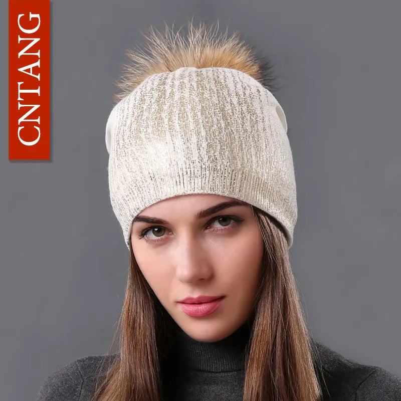 Chunky Knit Women's Hat with Genuine Fur Pom Pom White
