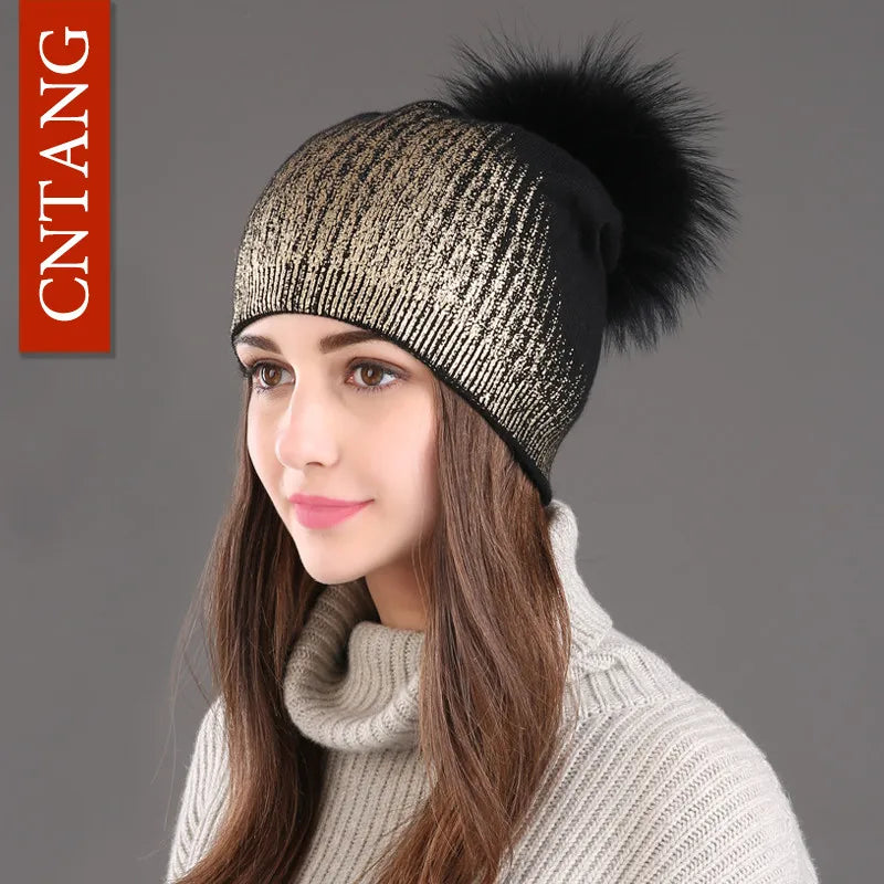 Chunky Knit Women's Hat with Genuine Fur Pom Pom Gold Black pom pom