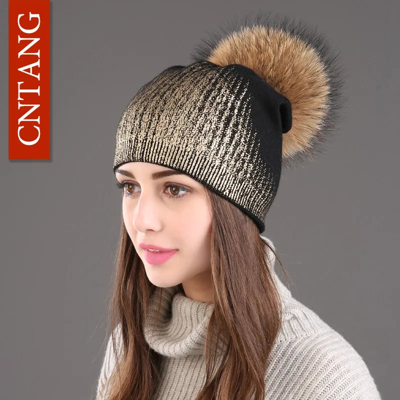 Chunky Knit Women's Hat with Genuine Fur Pom Pom Gold Black