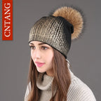 Chunky Knit Women's Hat with Genuine Fur Pom Pom Gold Black