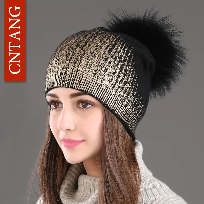 Chunky Knit Women's Hat with Genuine Fur Pom Pom