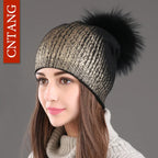 Chunky Knit Women's Hat with Genuine Fur Pom Pom