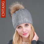 Chunky Knit Women's Hat with Genuine Fur Pom Pom