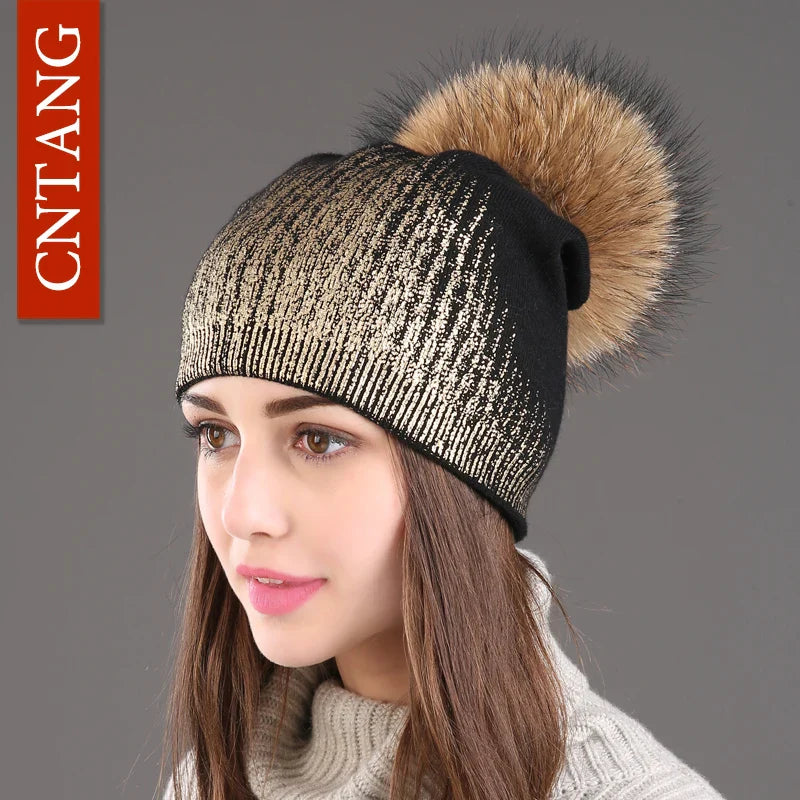 Chunky Knit Women's Hat with Genuine Fur Pom Pom