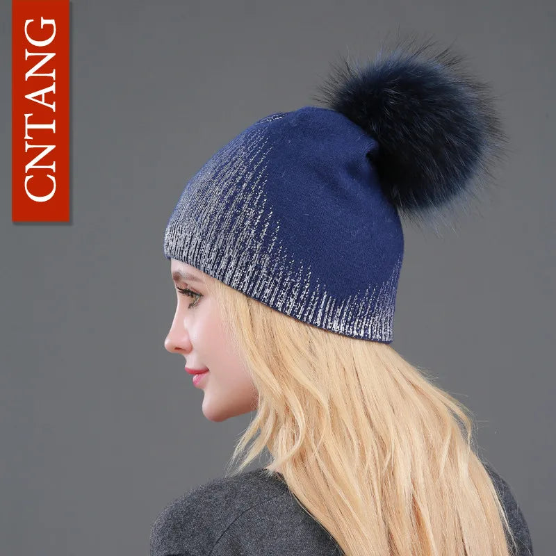 Chunky Knit Women's Hat with Genuine Fur Pom Pom Blue Blue pompom