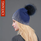 Chunky Knit Women's Hat with Genuine Fur Pom Pom Blue Blue pompom